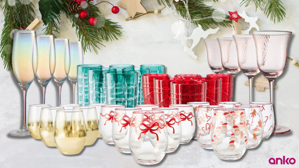 Lustre Flute Glasses (₱300), Swirl Wine Glasses (₱300), Bow Stemless Glasses (₱390), Novelty Glasses (₱690), Gold Look Stemless Glasses (₱400), Red Ornate Tumbler Glasses (₱400) | Anko Philippines