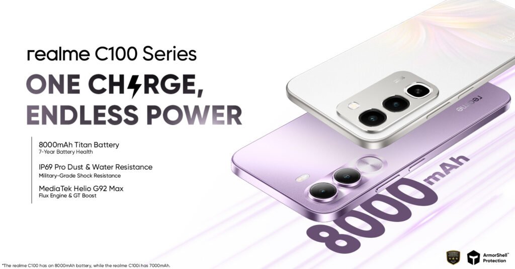 realme C100 Series officially launches in the Philippines for as low as PHP 6,313 - Featuring up to an 8000mAh Titan Battery and IP69 Pro protection, the realme C100 Series is designed to deliver long-lasting power and durability for everyday use.